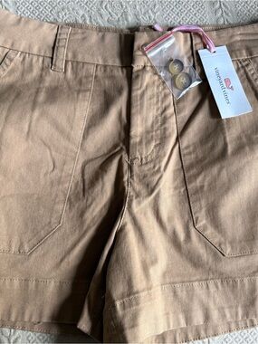 Vineyard Vines Tan Canvas Shorts with Green & White Striped Trim